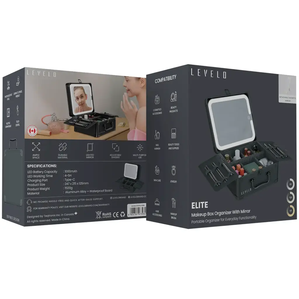 アルベロベロ　オンリーワン メイクアップボックス Levelo Elite Makeup Box Organizer With Mirror - Black